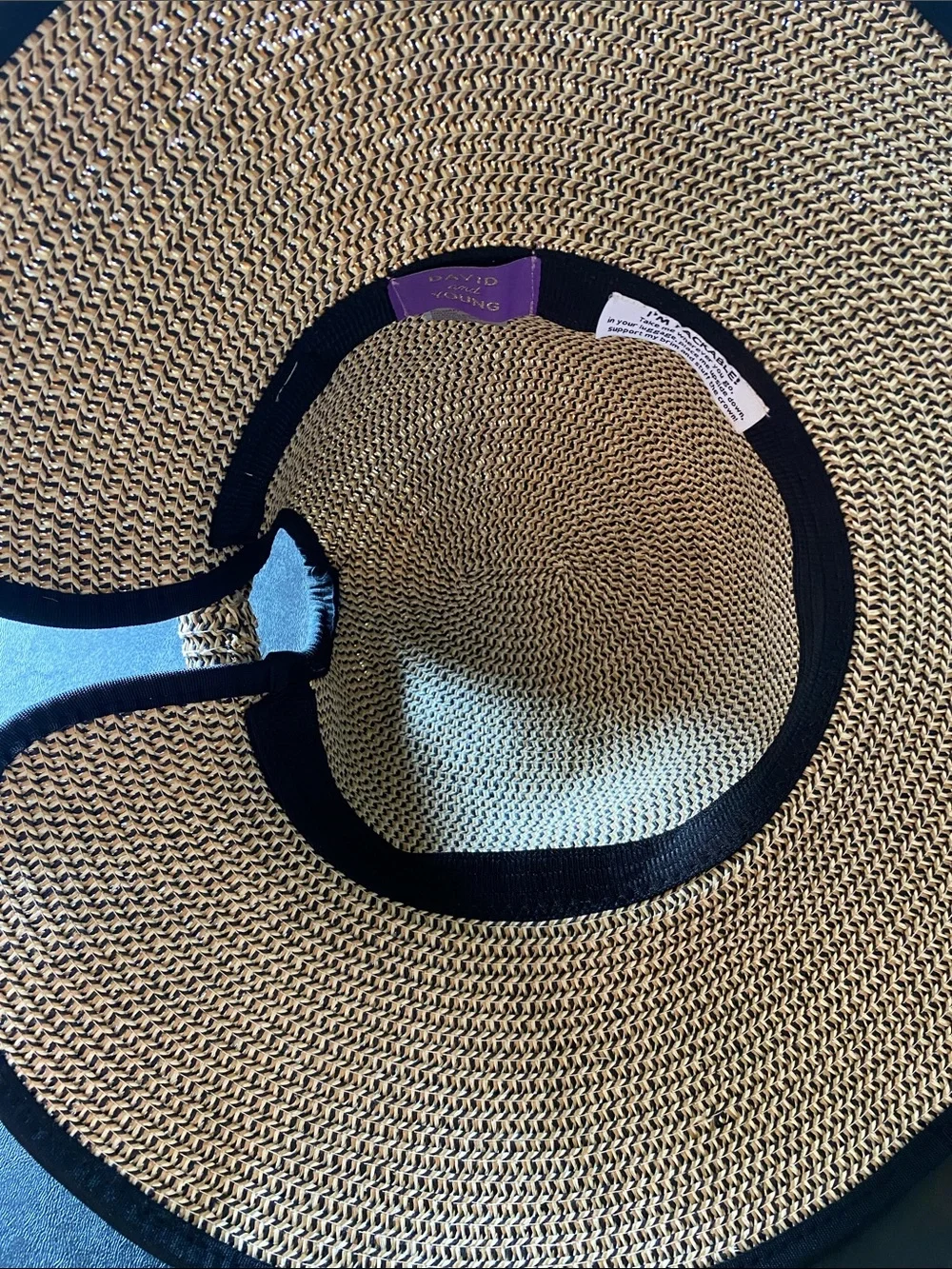 David and Young Tan Toyo Straw Sun Hat with Black Trim and Bow Detail on Back